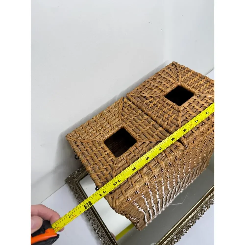 Vintage Boho Rectangular Wicker Storage Basket With Double Bins And Lids, Vintag